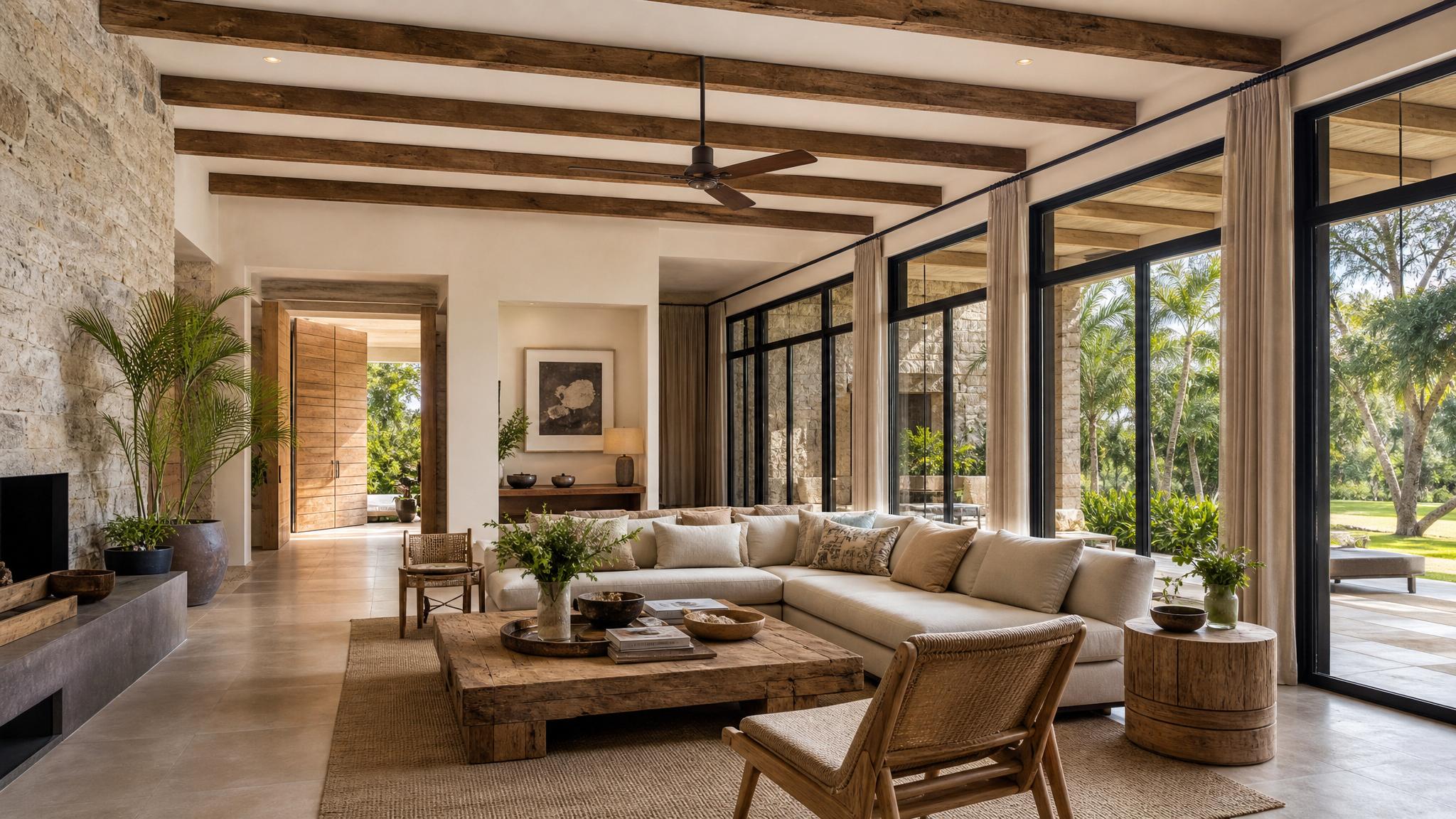 A spacious villa living room incorporating large windows, natural materials, and greenery.