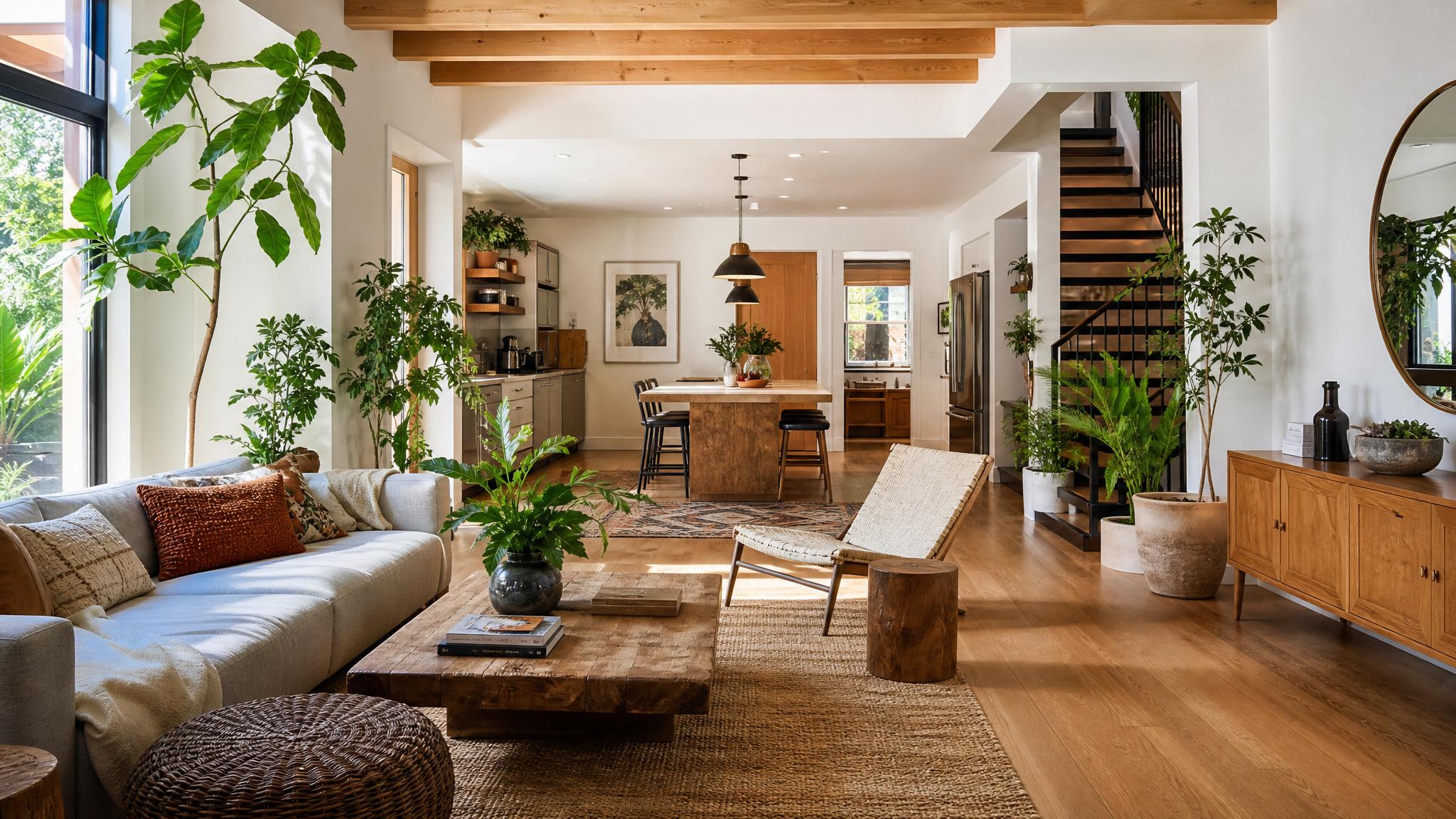 A living room showcasing an open concept layout with natural materials and plenty of plants.