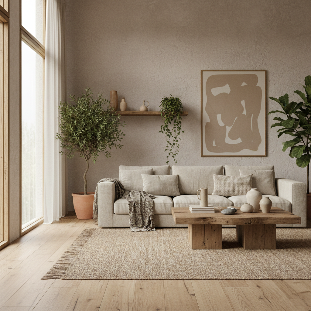A serene living room showcasing wabi-sabi elements such as natural wood, neutral colors, and plants.