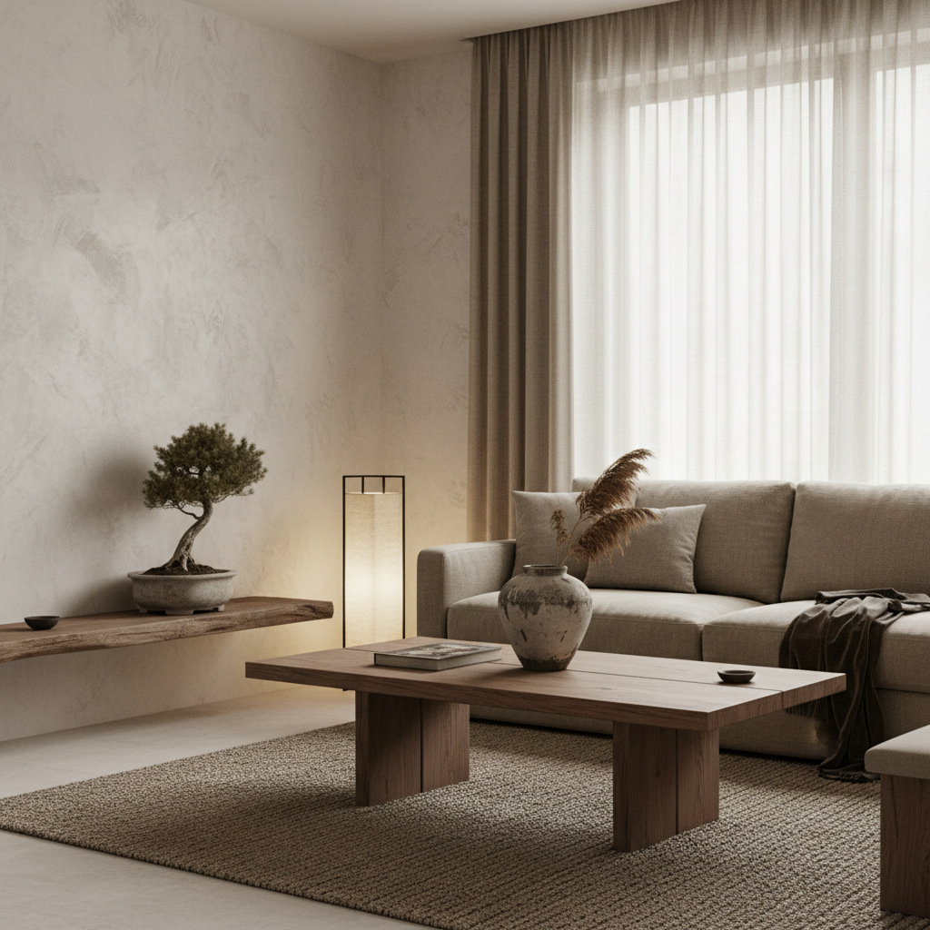An example of AI-generated wabi-sabi interior design with minimalistic furniture and natural decor.