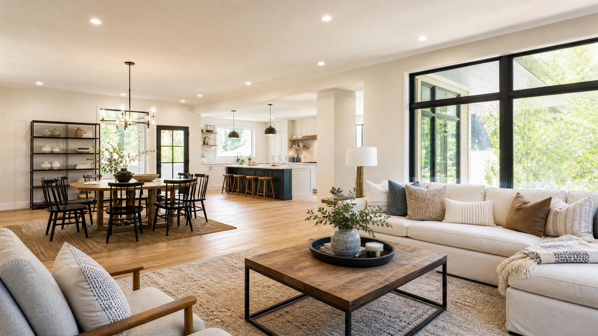 A beautifully staged open-plan living room with seamless transitions between dining and sitting areas.