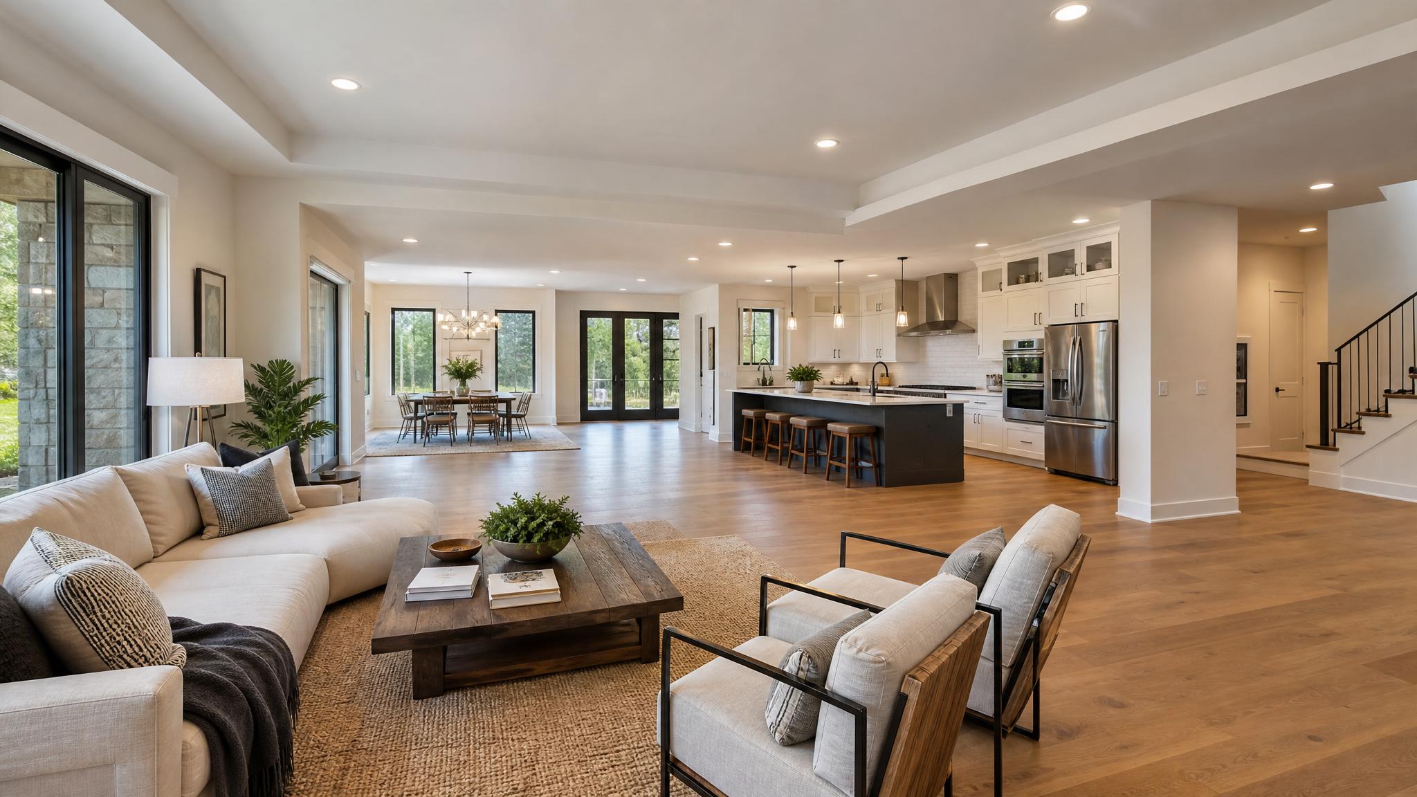 A decluttered open-plan living room showcasing its spacious layout.