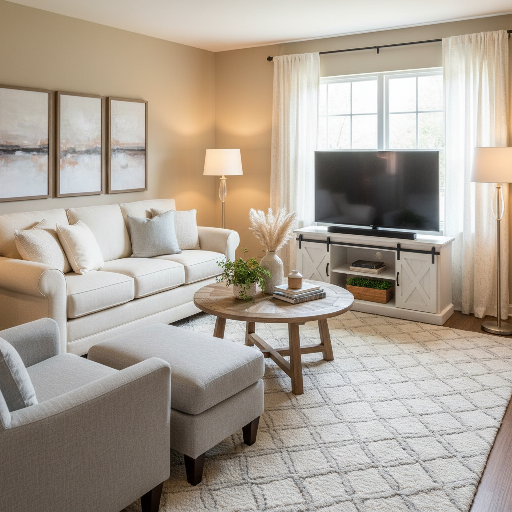 A small living room featuring a neutral color palette with transitional design elements.