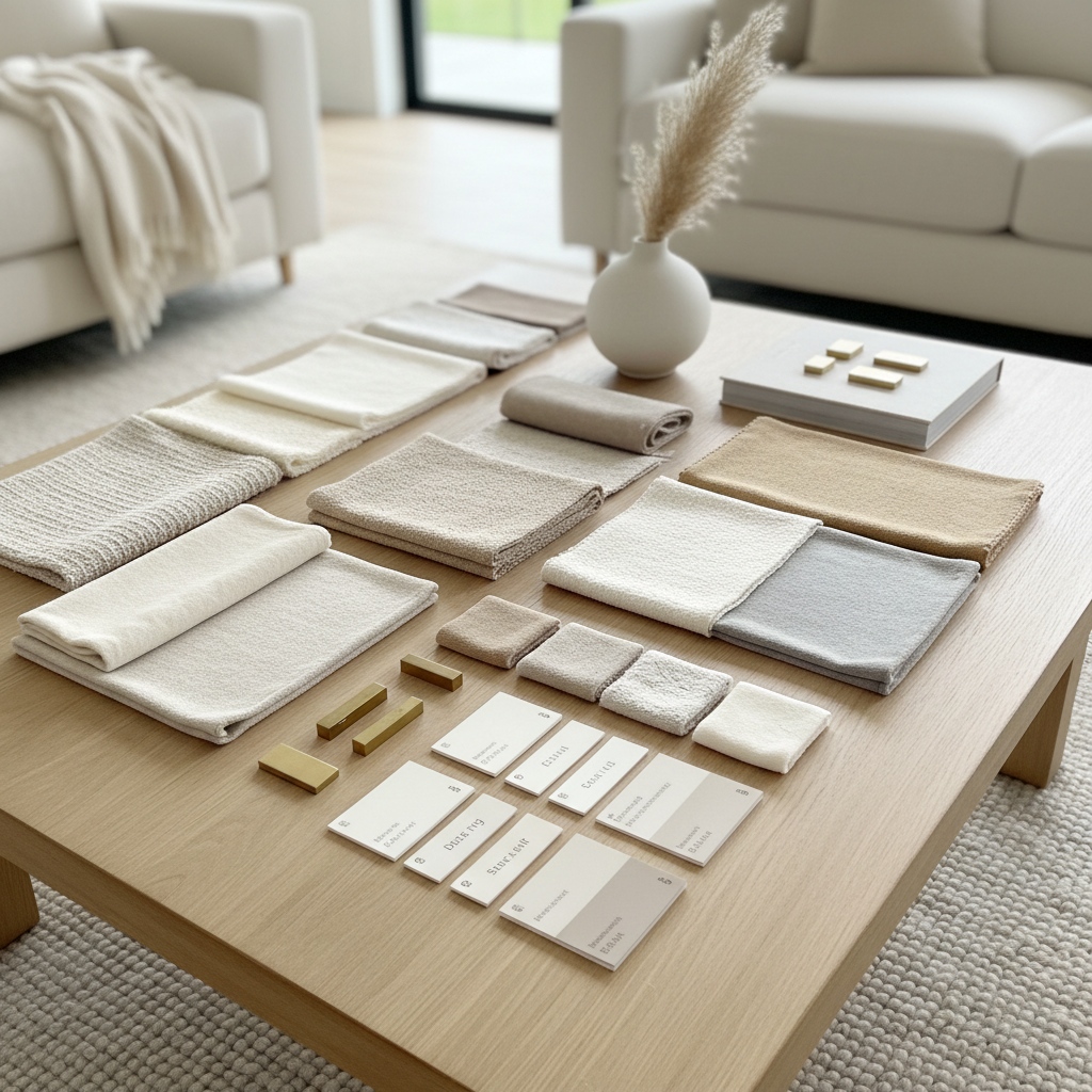 A collection of fabric swatches and paint colors representing the transitional neutral palette.