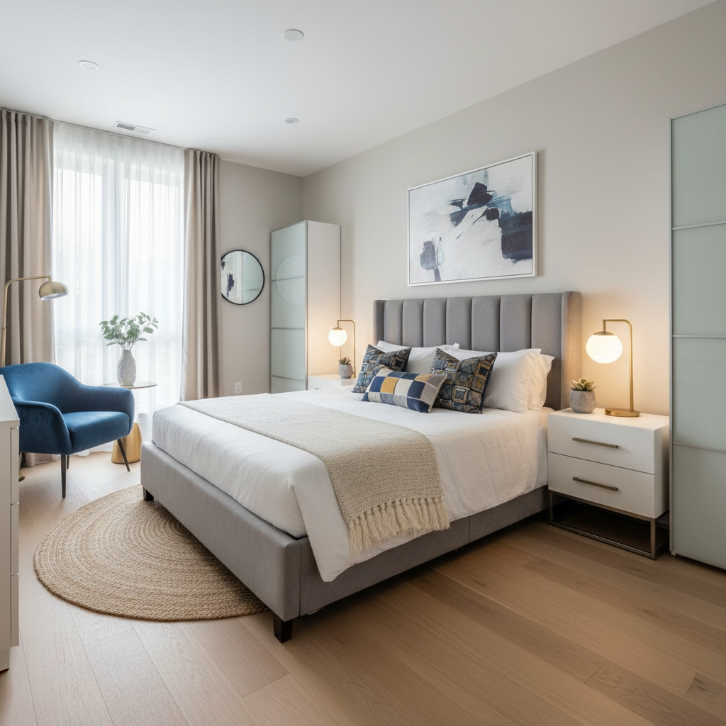 Example of a well-staged guest bedroom with contemporary layout