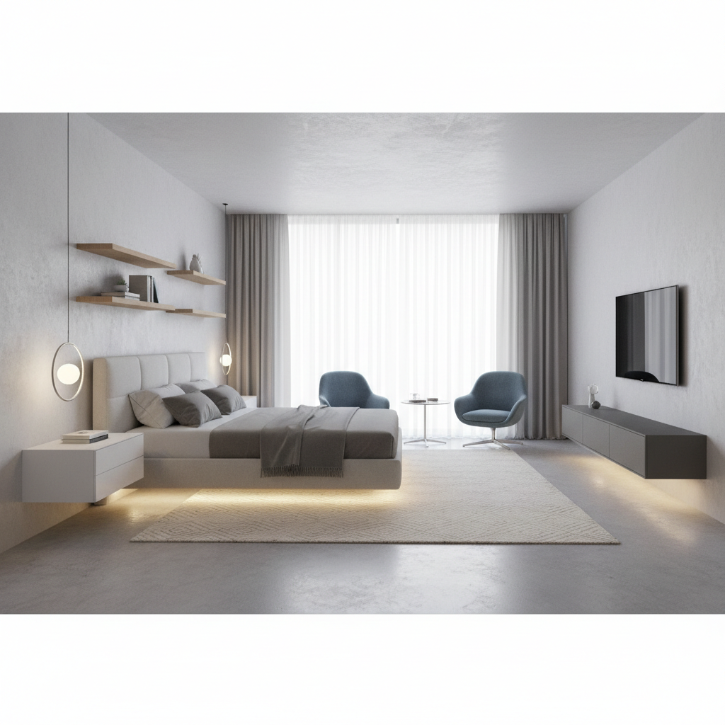 Illustration of a floating furniture arrangement in a guest bedroom