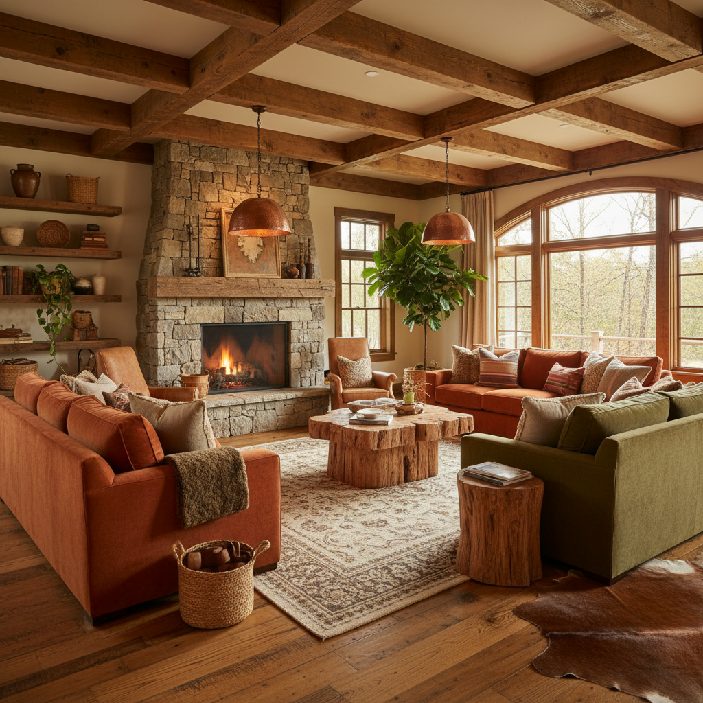 Image of a rustic open-plan living room showcasing natural wood elements and warm colors.
