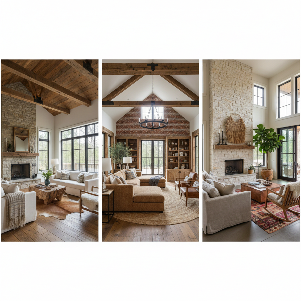 Visual representation of various rustic open-plan living room designs generated by AI.