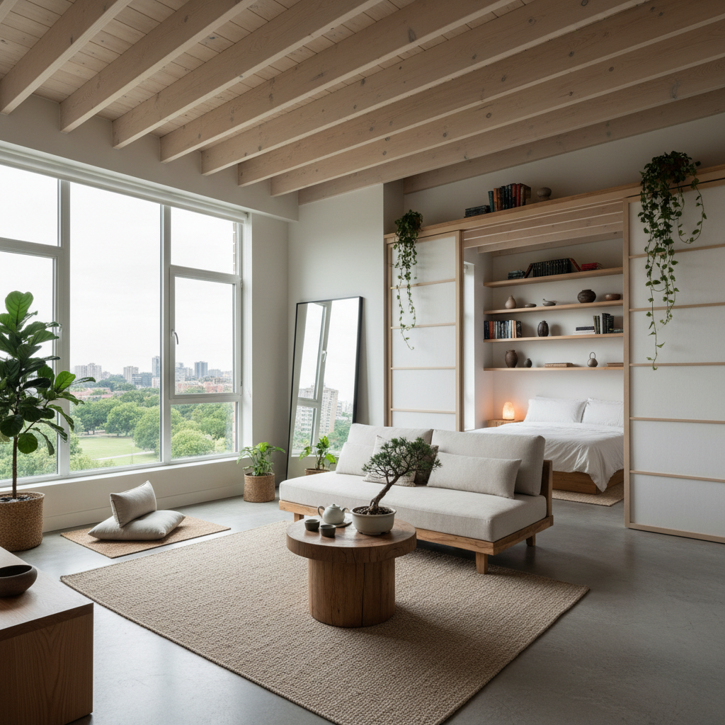 Image of a serene zen loft with natural light and minimal furnishings.