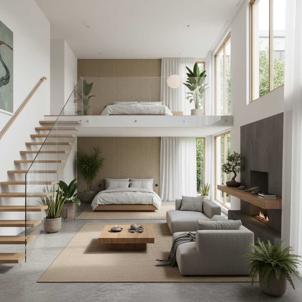 Image showcasing an AI-generated design for a zen loft, focusing on simplicity and natural elements.