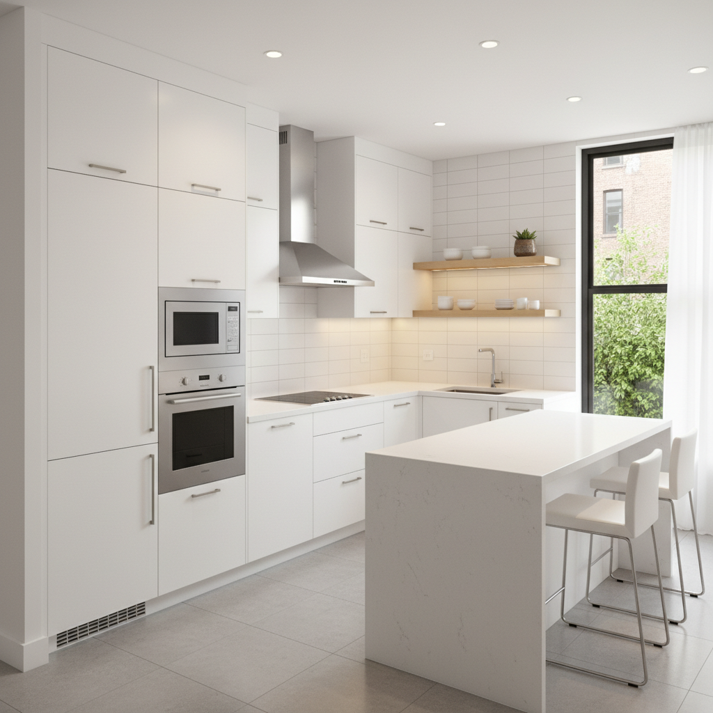 A modern small kitchen design with a blend of white cabinetry, stainless steel appliances, and a minimalist vibe.