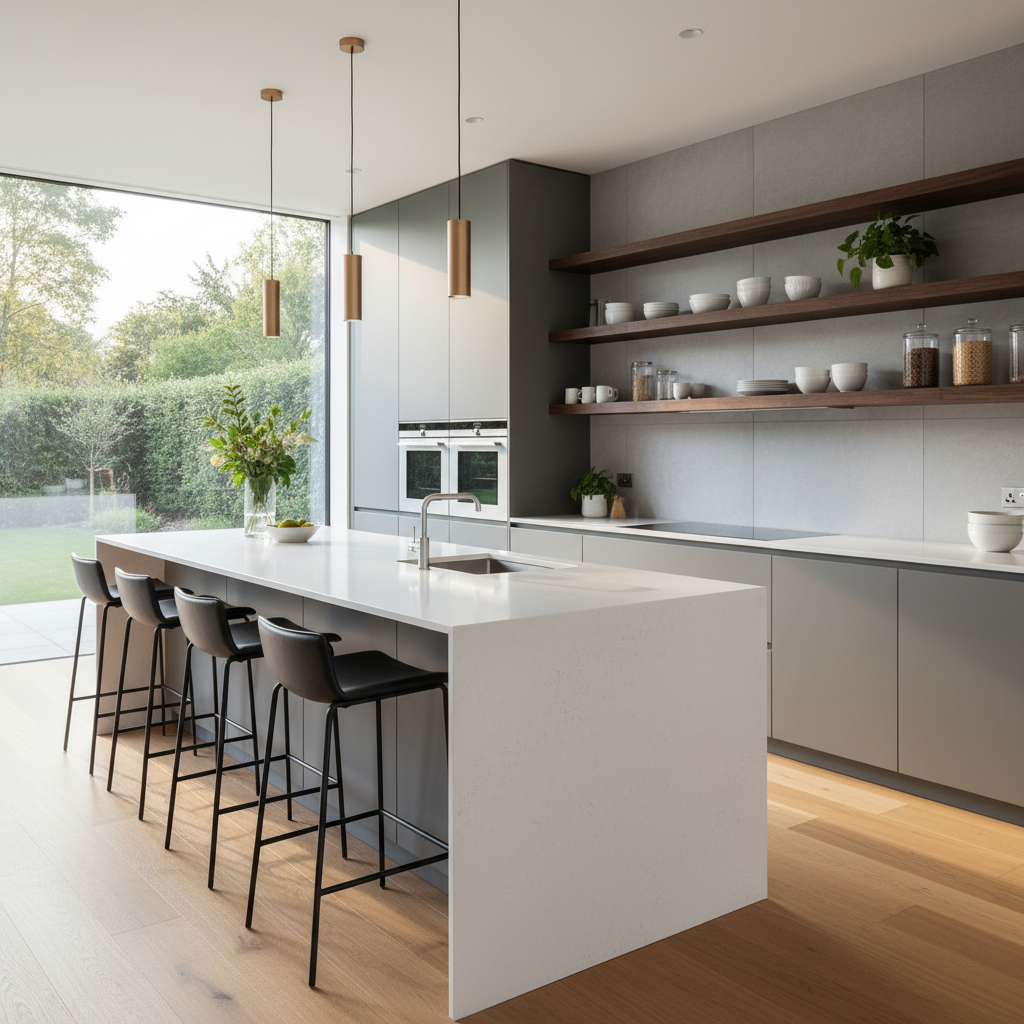 A sleek modern kitchen with open shelving, a kitchen island, and stylish bar stools.