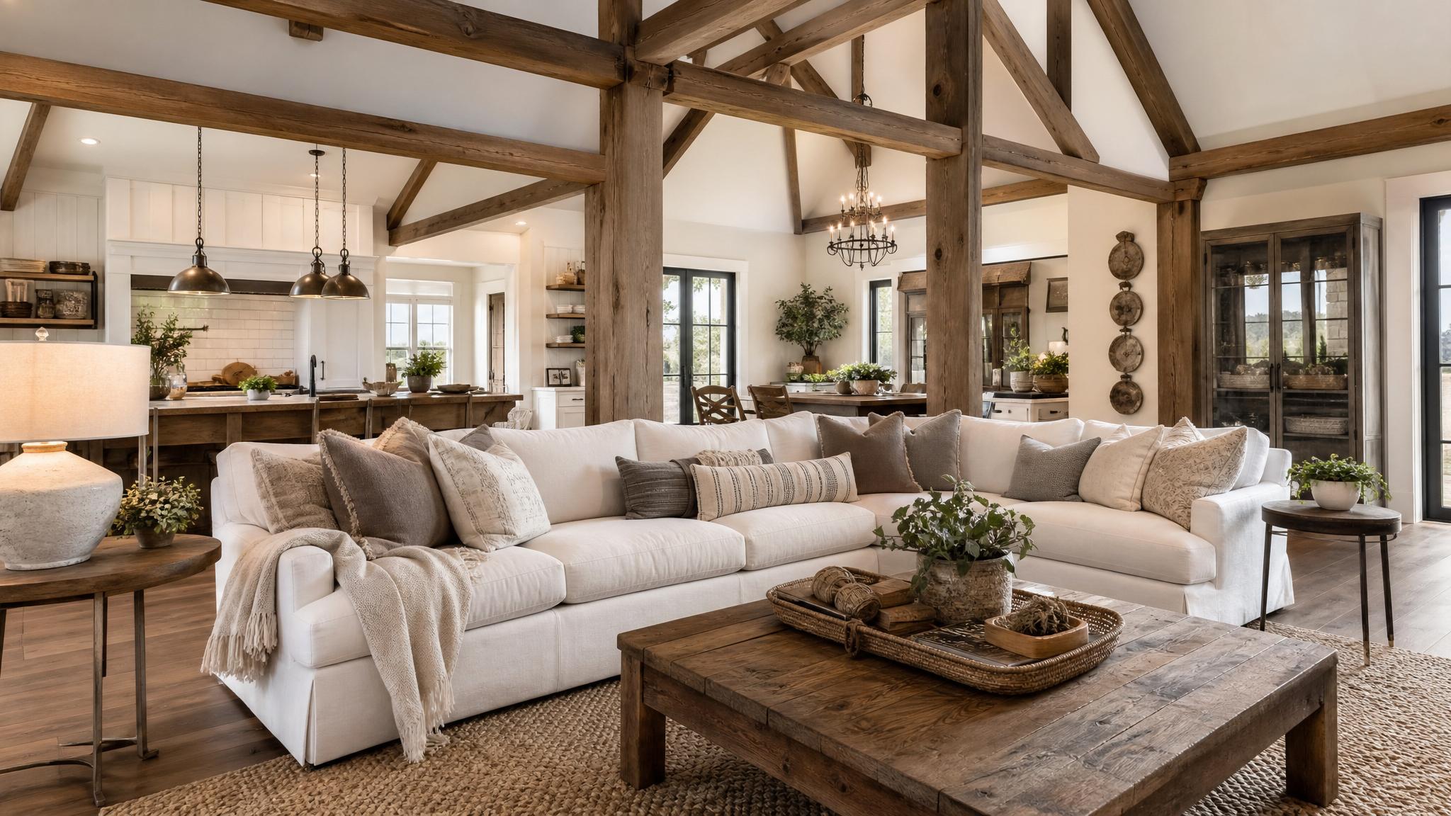 A cozy farmhouse living room with wooden beams and a large farmhouse sofa.