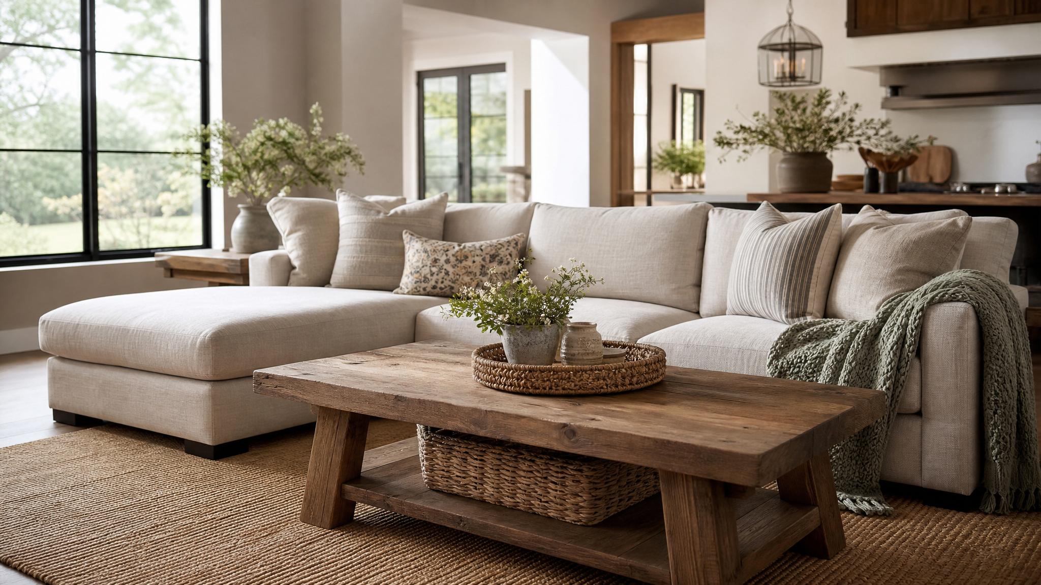 A selection of modern farmhouse furniture: a wooden coffee table and a cozy sectional sofa.