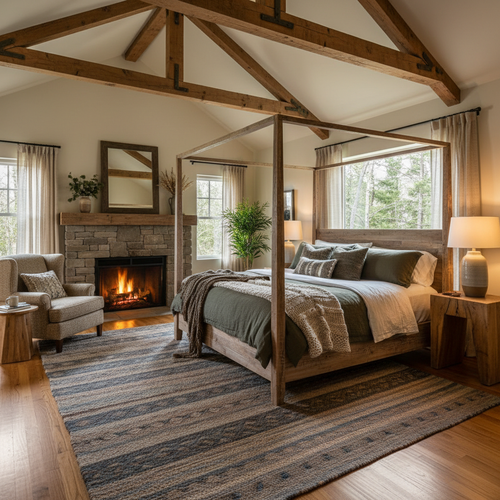 Image of a cozy rustic bedroom with wooden beams, warm lighting, and natural materials.