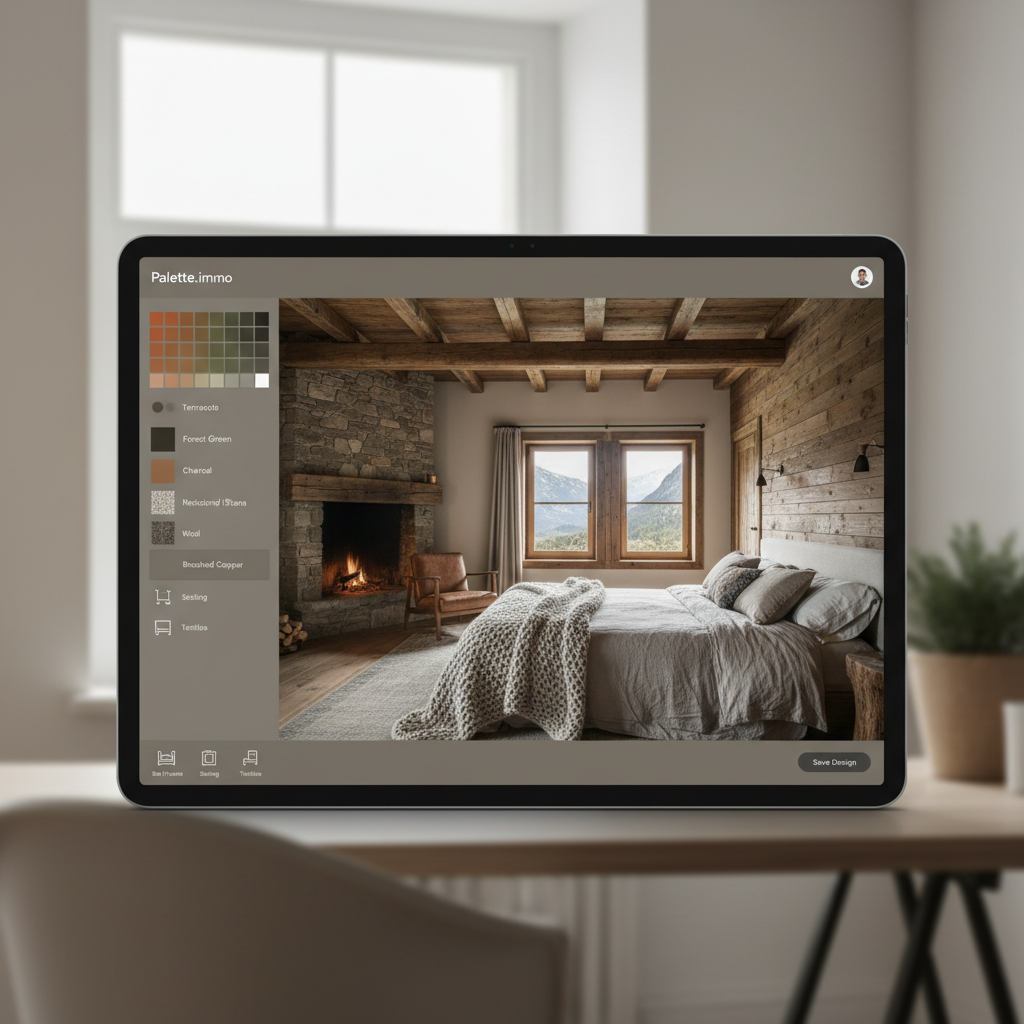 Screen capture of Palette.immo interface with a rustic bedroom design in progress.