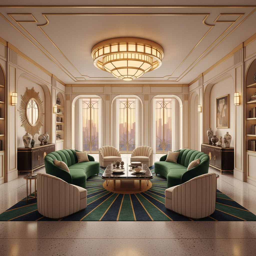 Art deco open-plan living room illustration