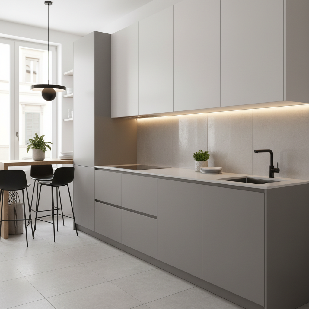 A contemporary Italian small kitchen with sleek cabinets and minimalist decor.