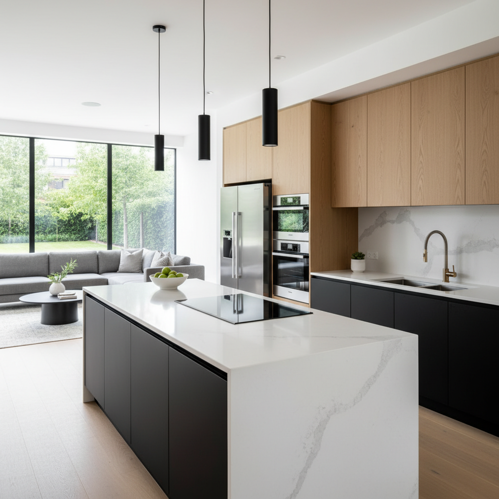 A visualization of an open concept kitchen featuring modern appliances.