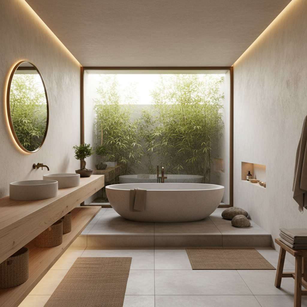 Minimalist zen bathroom with natural materials