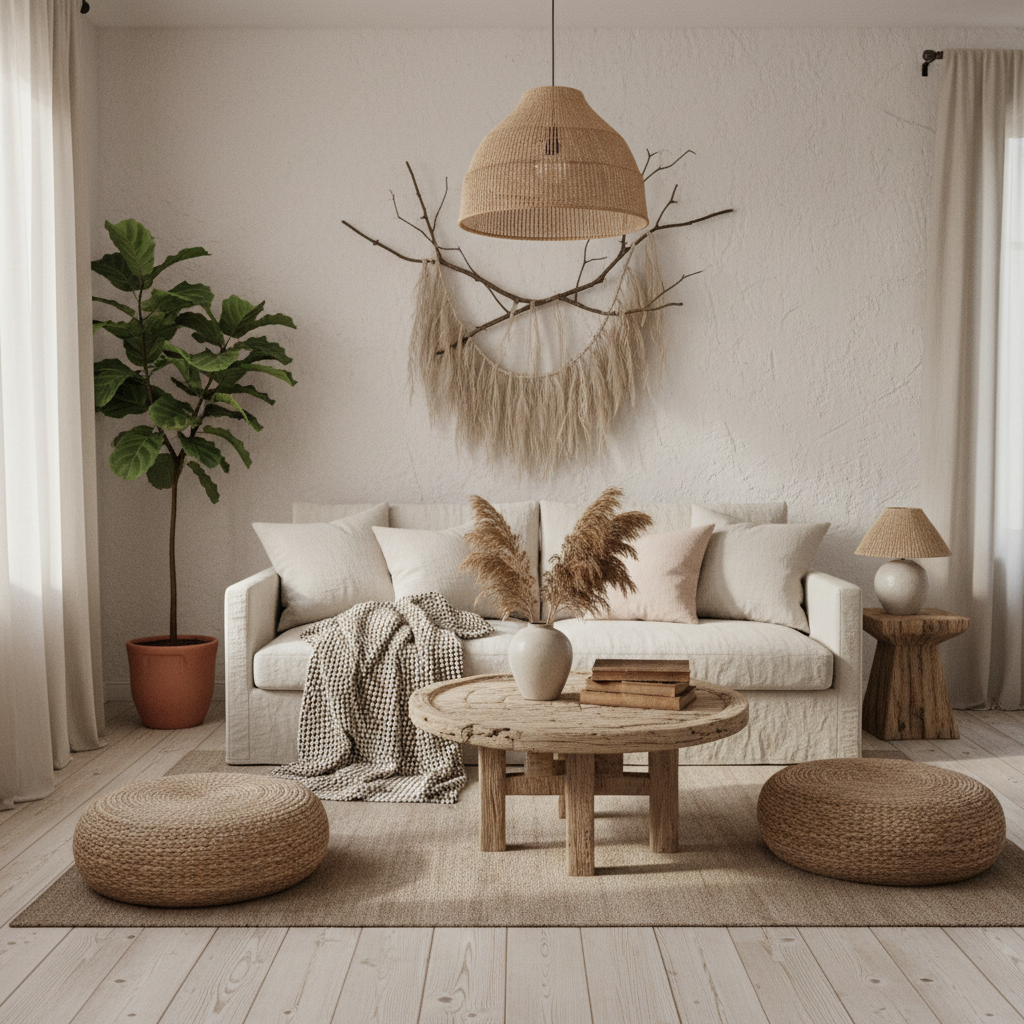 A cozy small living room designed in wabi-sabi style, featuring natural materials and soft colors.