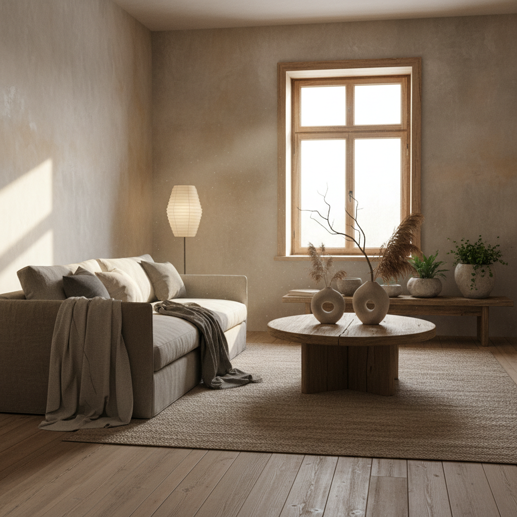 An AI-generated representation of a wabi-sabi small living room layout with natural textures.