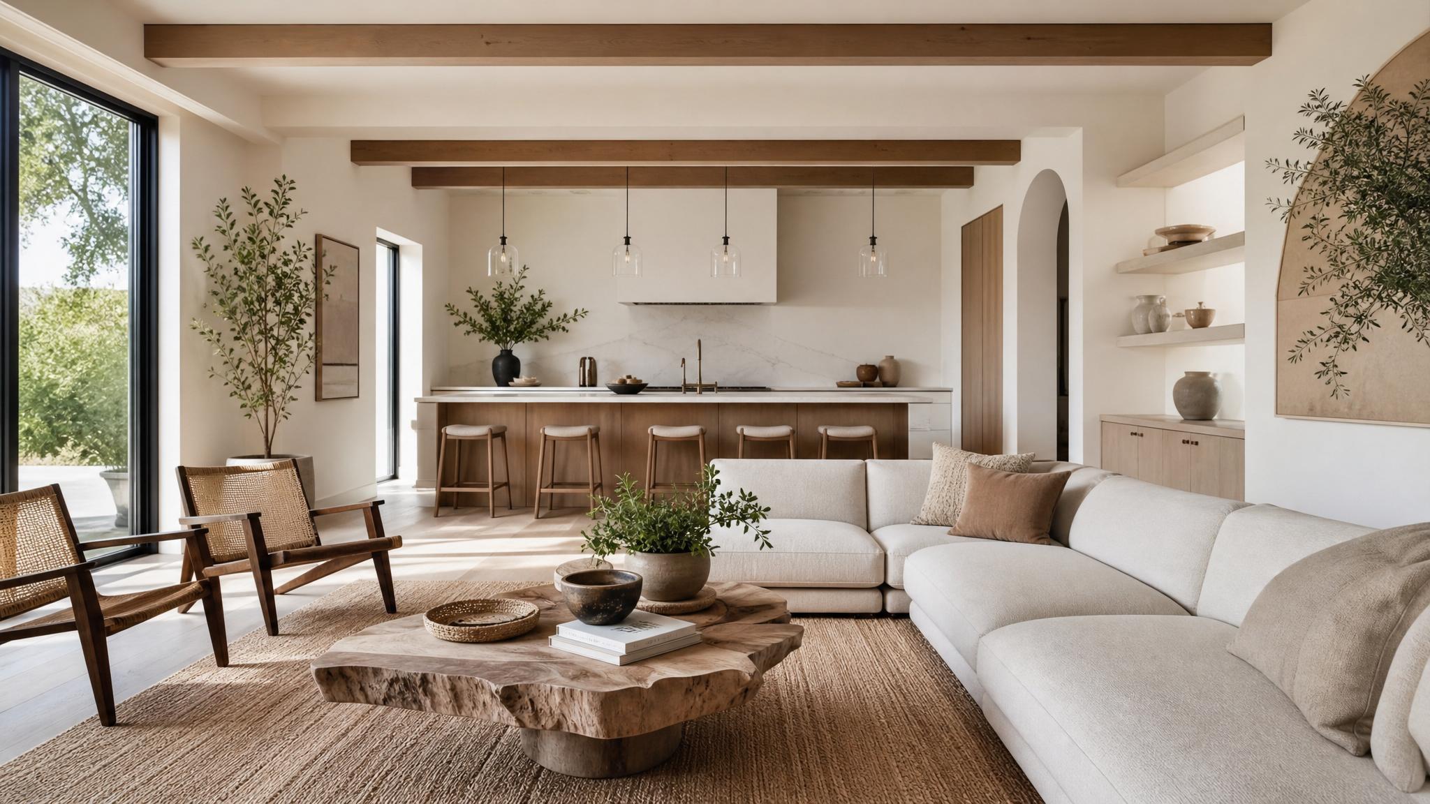 Example of a California modern open-plan living room showcasing neutrality and organic materials.