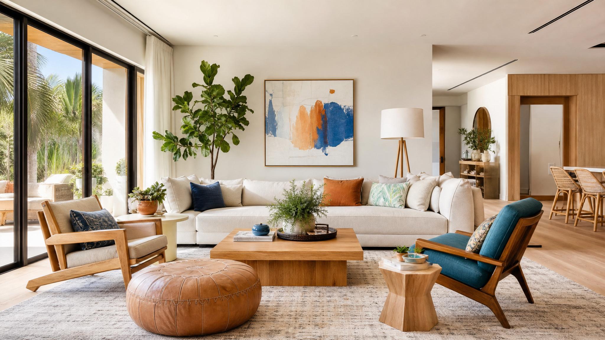 Palette ideas for a California modern living room including light neutrals and vibrant accents.