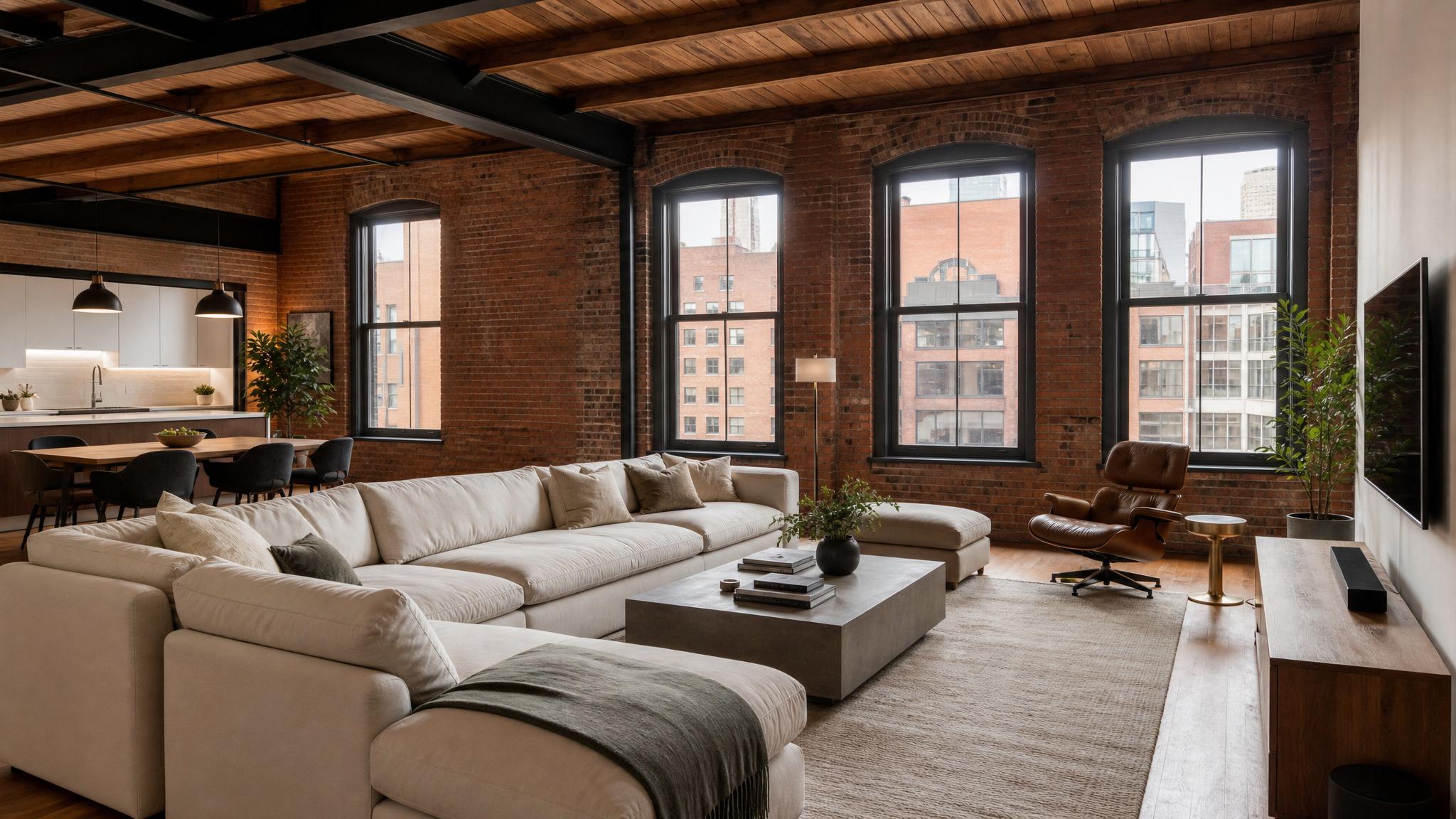A spacious urban loft living room featuring industrial brick walls and large windows.