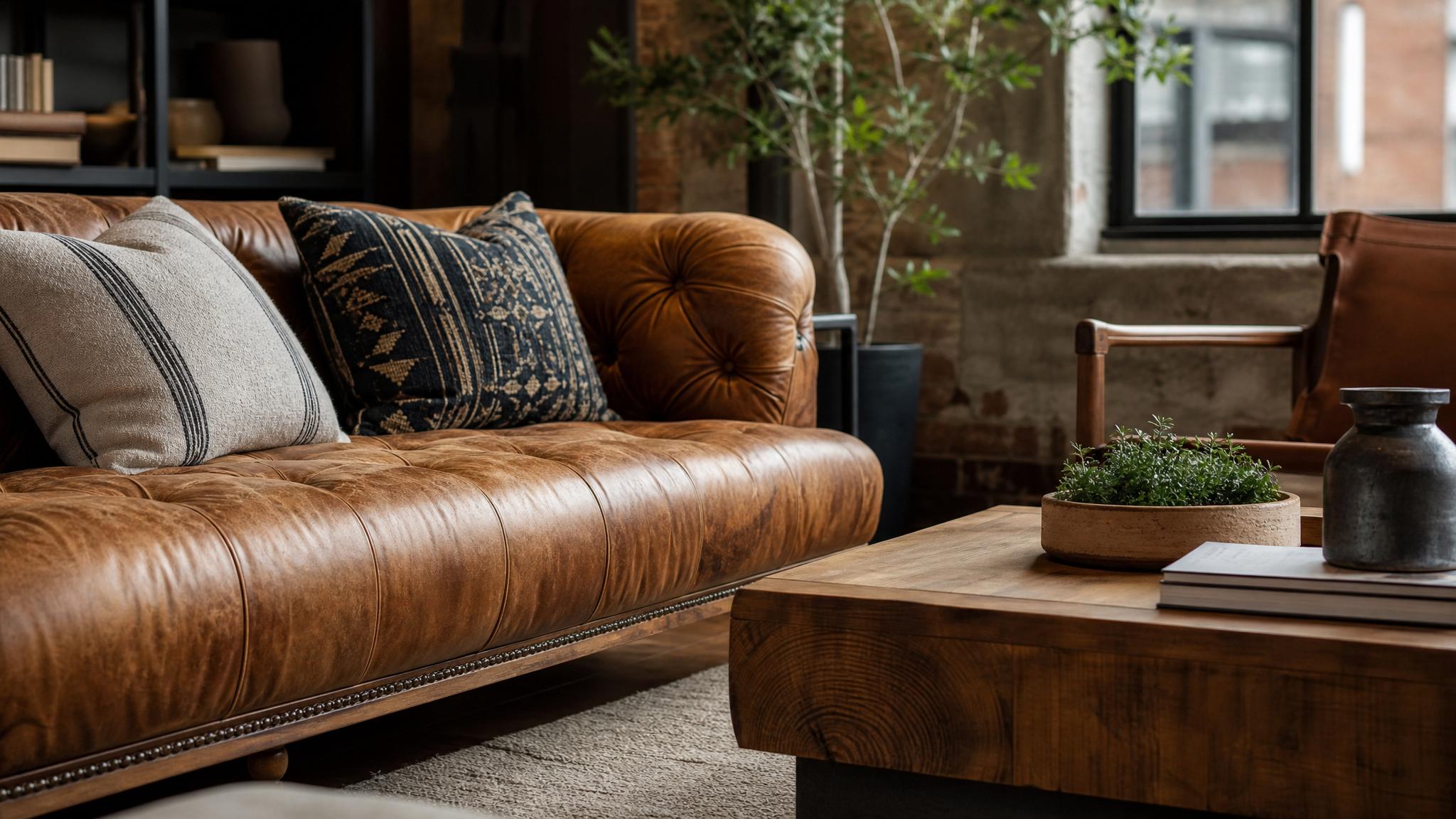 A close-up of statement furniture pieces in an urban loft living room, with warm lighting.