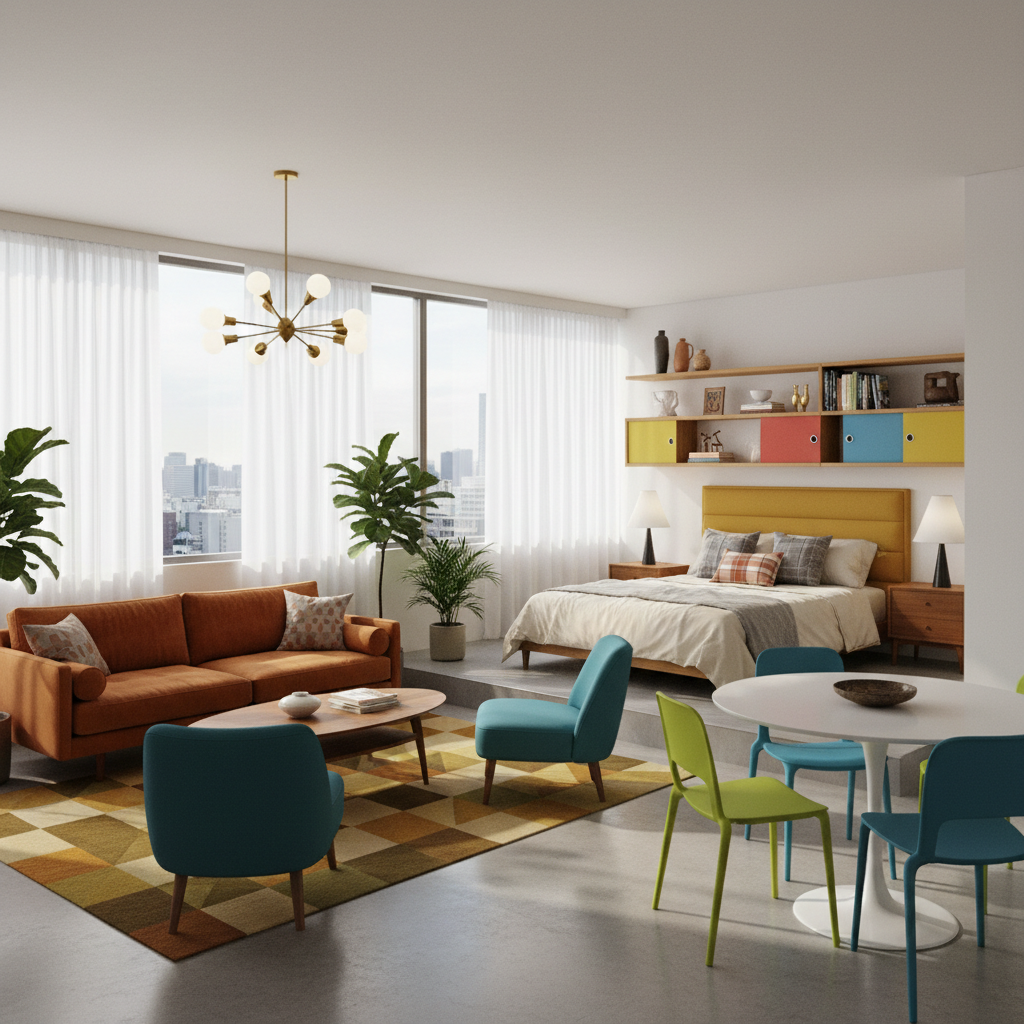 Mid-century modern studio interior with clean lines and vibrant colors.