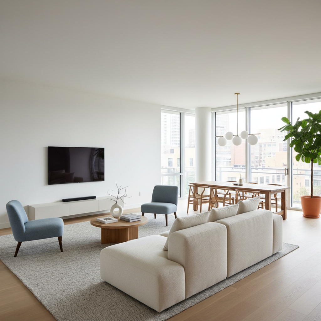 Example of a decluttered open-plan living room