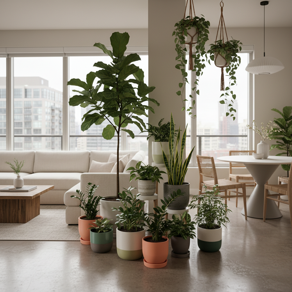 Plant arrangement in an open-plan living room