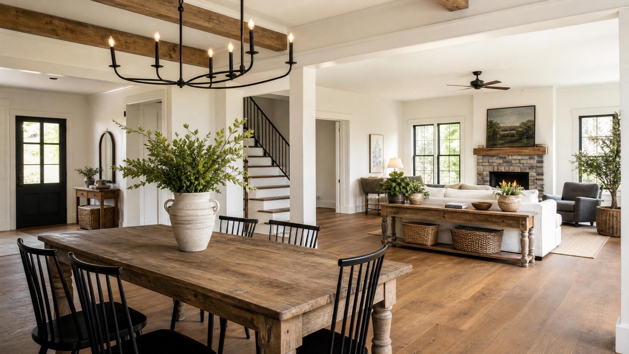 Charming farmhouse elements such as wooden furniture and greenery