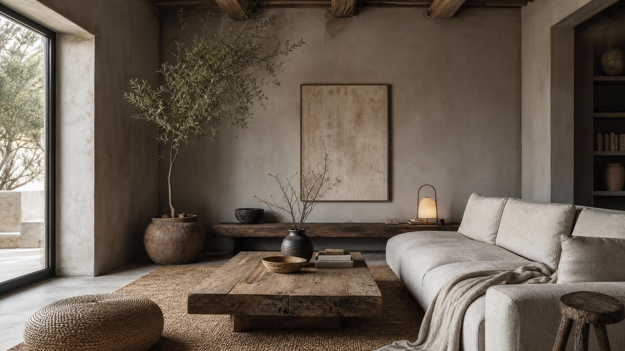 A small living room showcasing wabi-sabi aesthetic, featuring natural materials and an imperfect design.