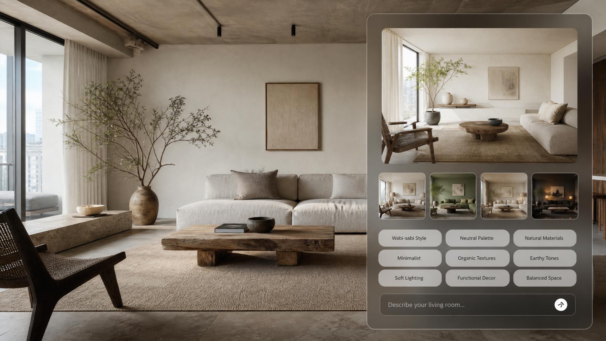 AI interface displaying wabi-sabi prompt options for condo living rooms.