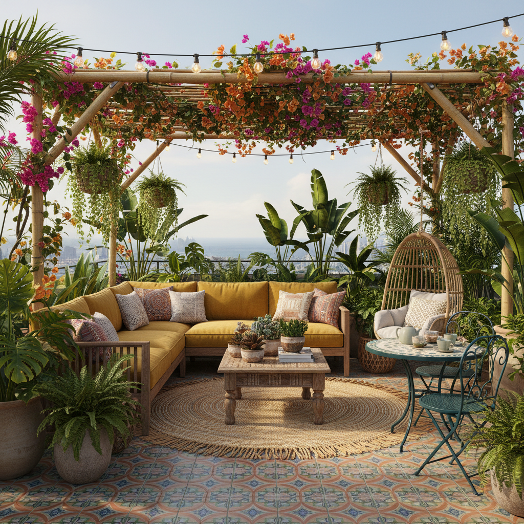 A beautifully designed eclectic terrace with lush plants and colorful furniture