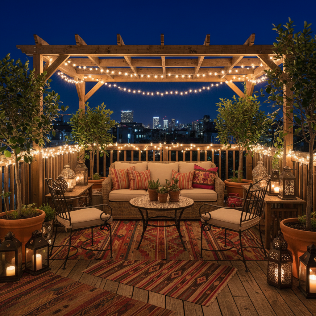 Twinkling string lights over an eclectic terrace at night