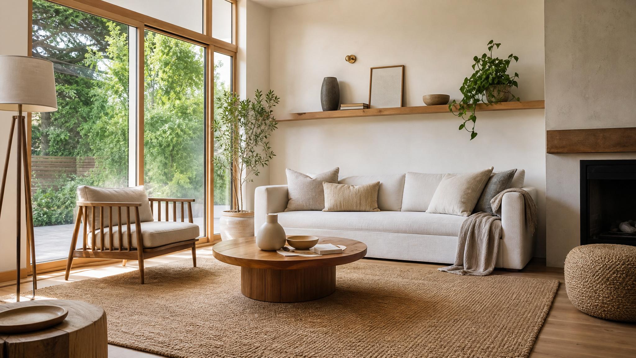Image of a zen small living room featuring natural light and earthy colors.