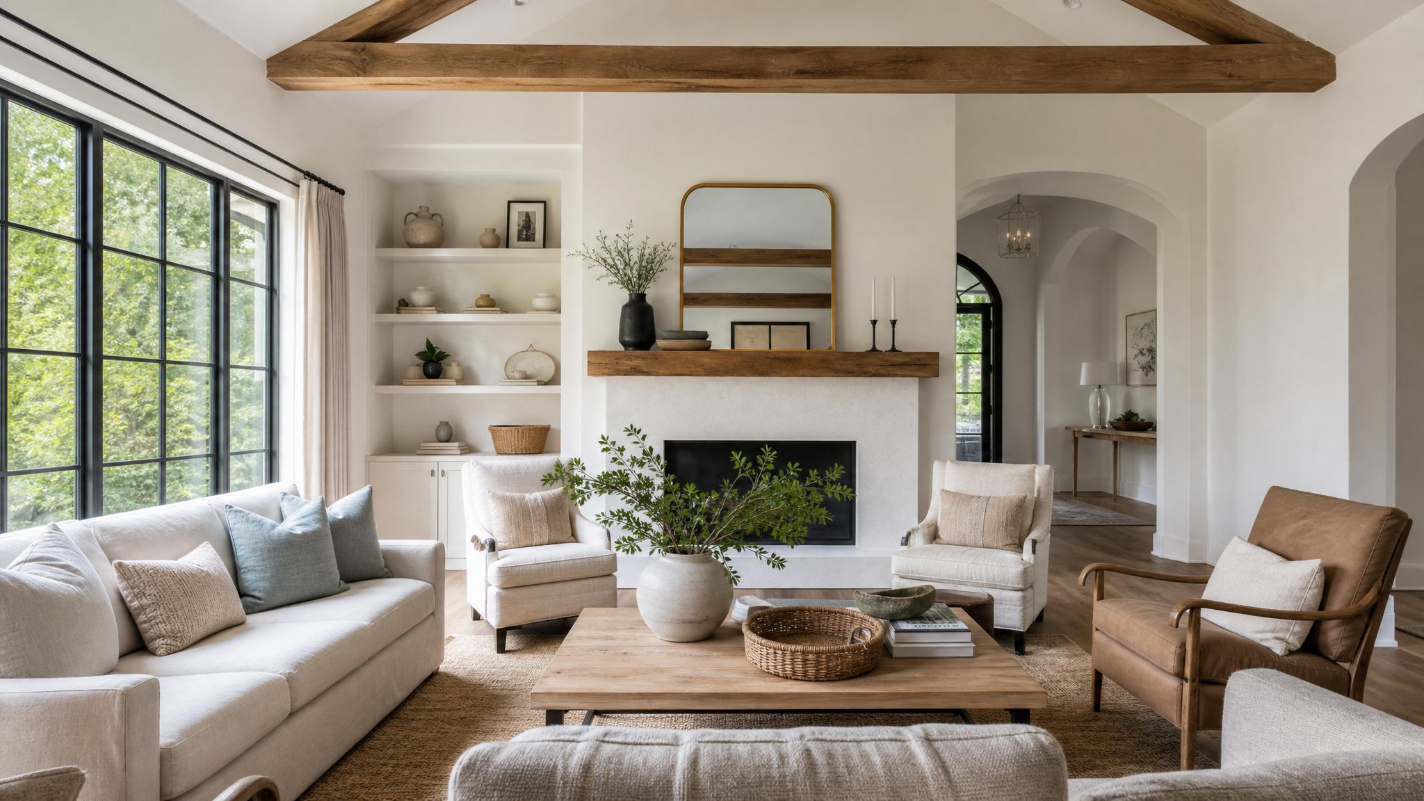 A bright and airy living room with transitional decor elements.