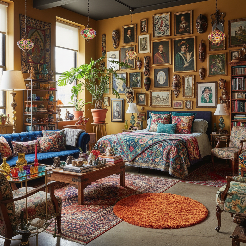 Visual representation of a maximalist studio apartment filled with colorful decor, mixed patterns, and eclectic furniture.
