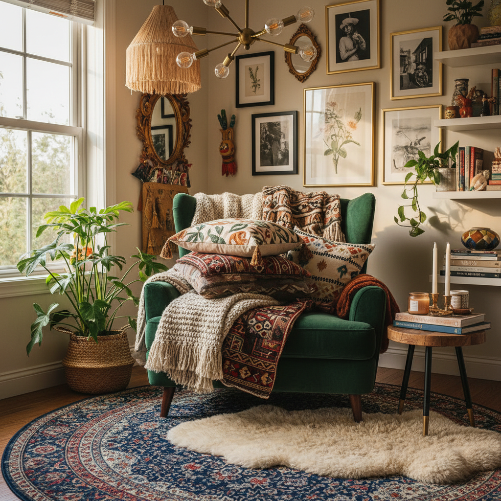 A cozy maximalist corner with layered textiles, interesting light fixtures, and personal decor.