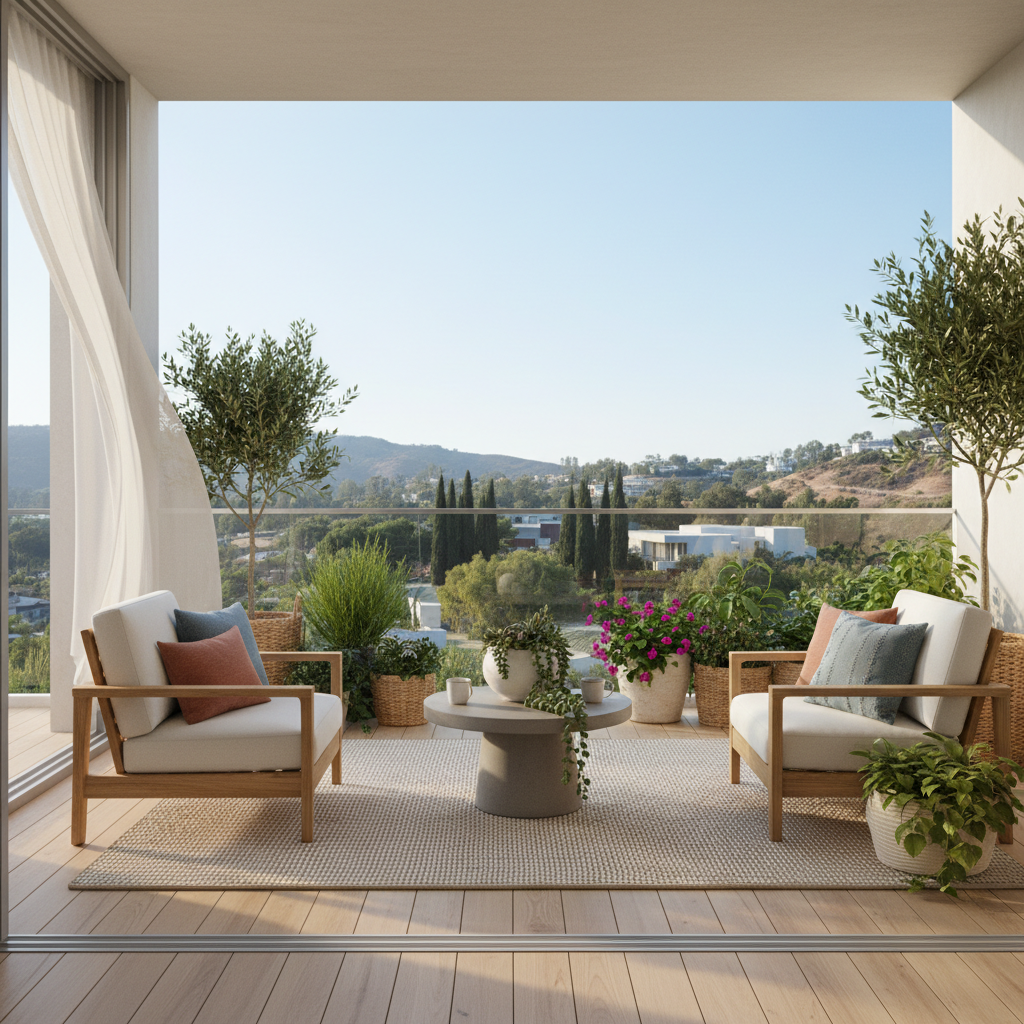 Beautiful California modern balcony design with plants and casual seating.
