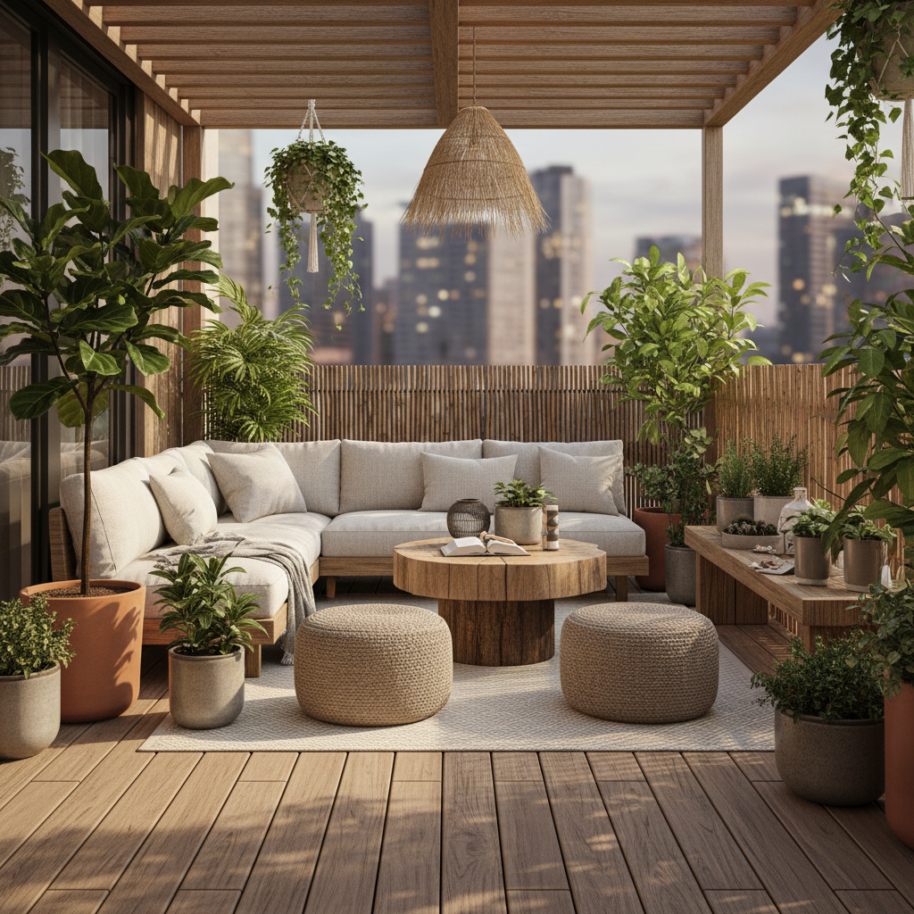 Natural materials and greenery in a stylish balcony setting.