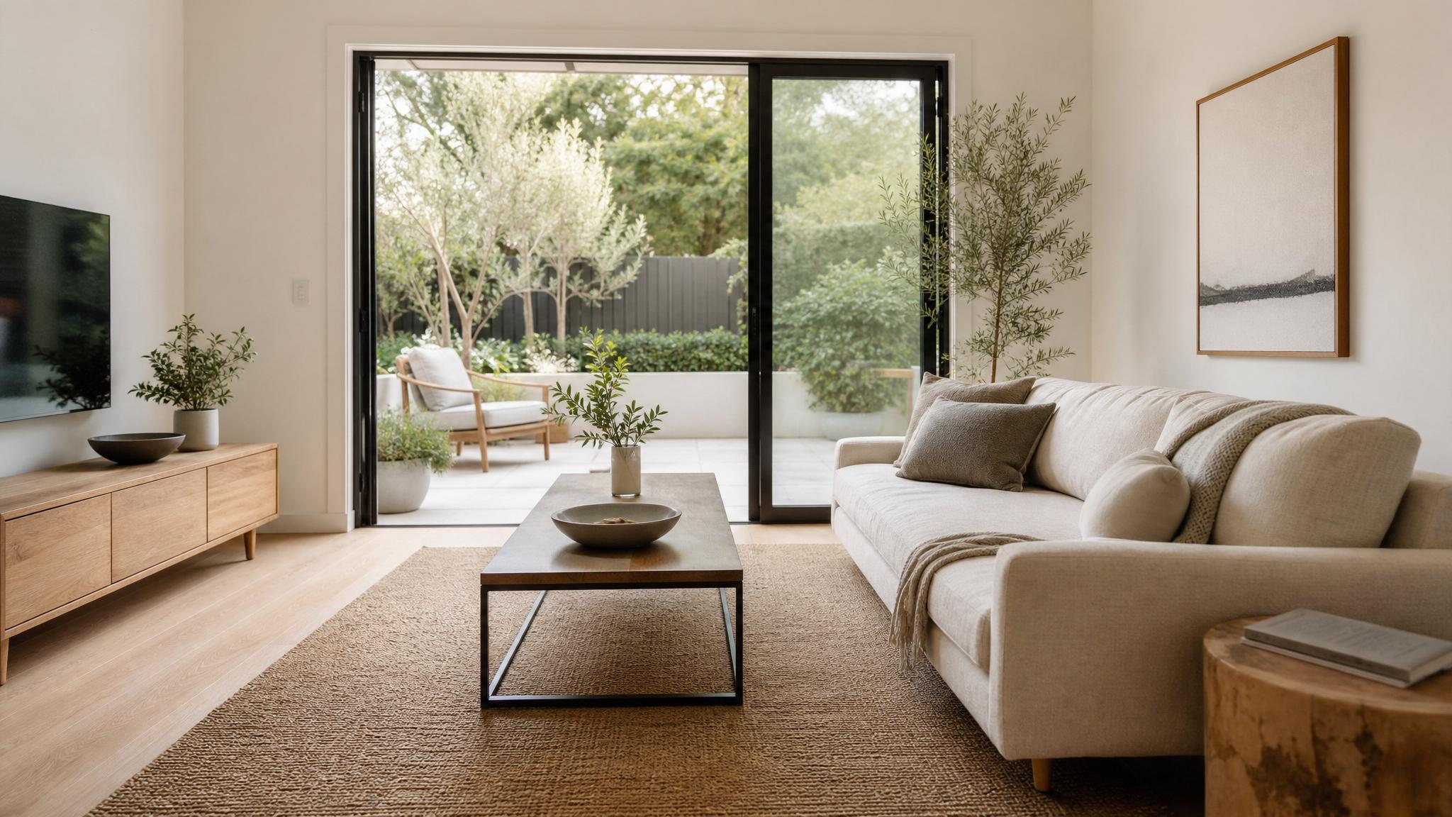 A serene small living room design showcasing minimalist furniture and natural light.