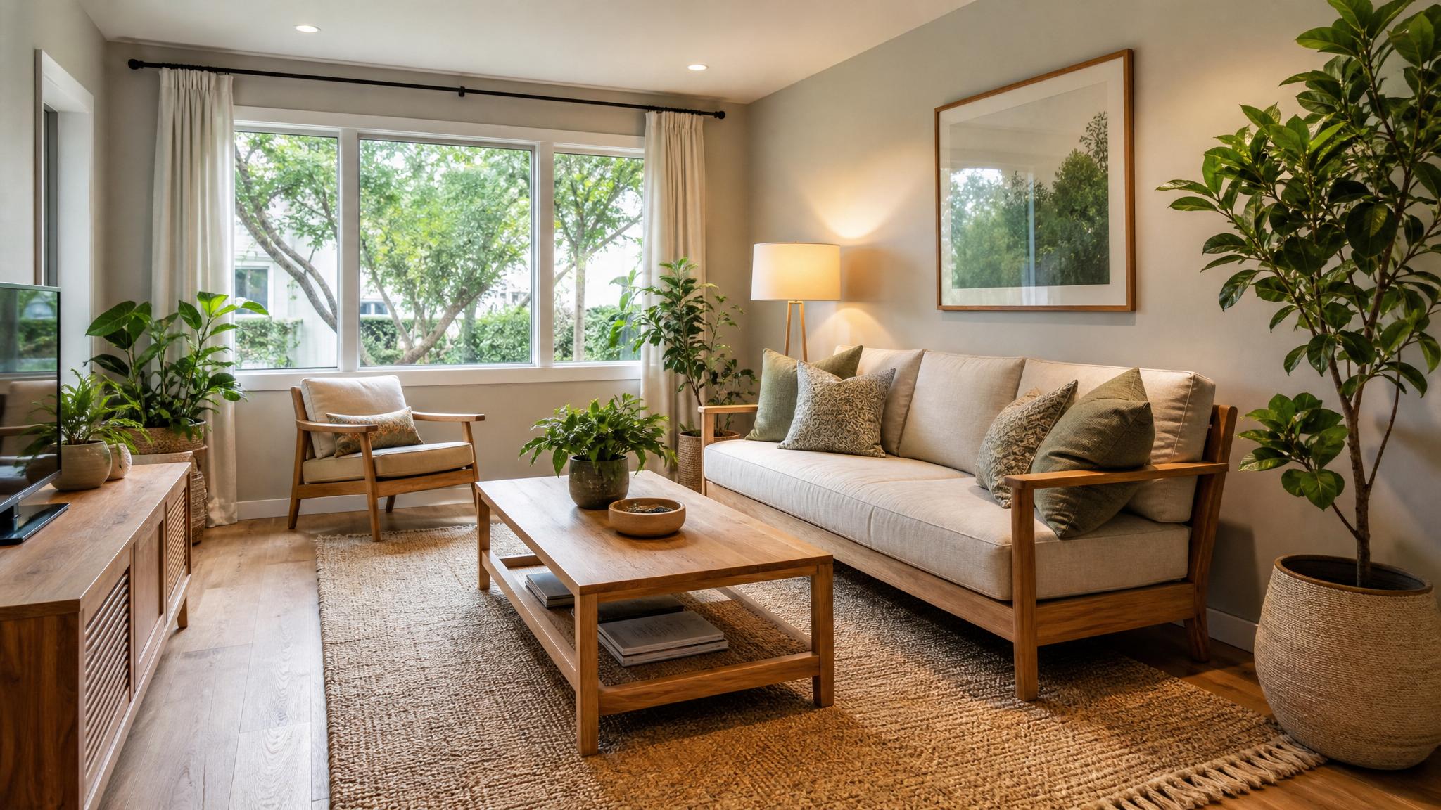 A small living room with natural wooden furniture and green plants creating a calming atmosphere.