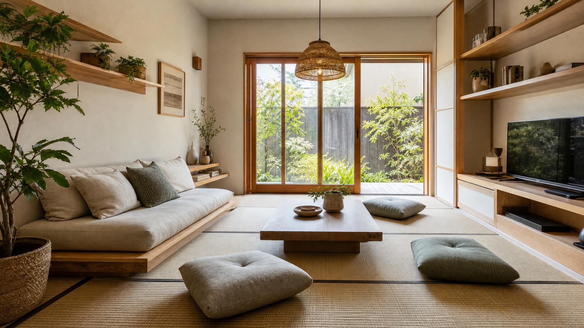 A small living room with floor cushions, tatami mats, and low seating for relaxed living.