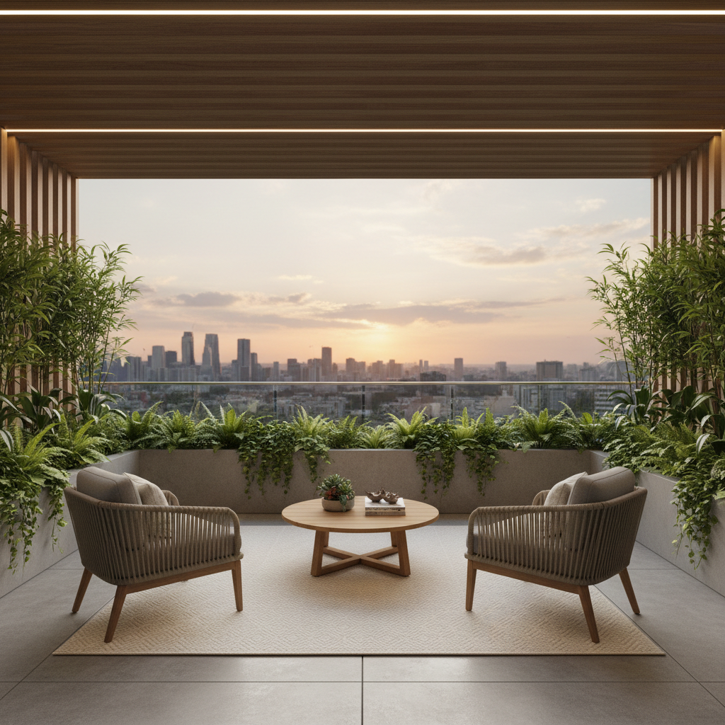 modern balcony design with greenery and seating