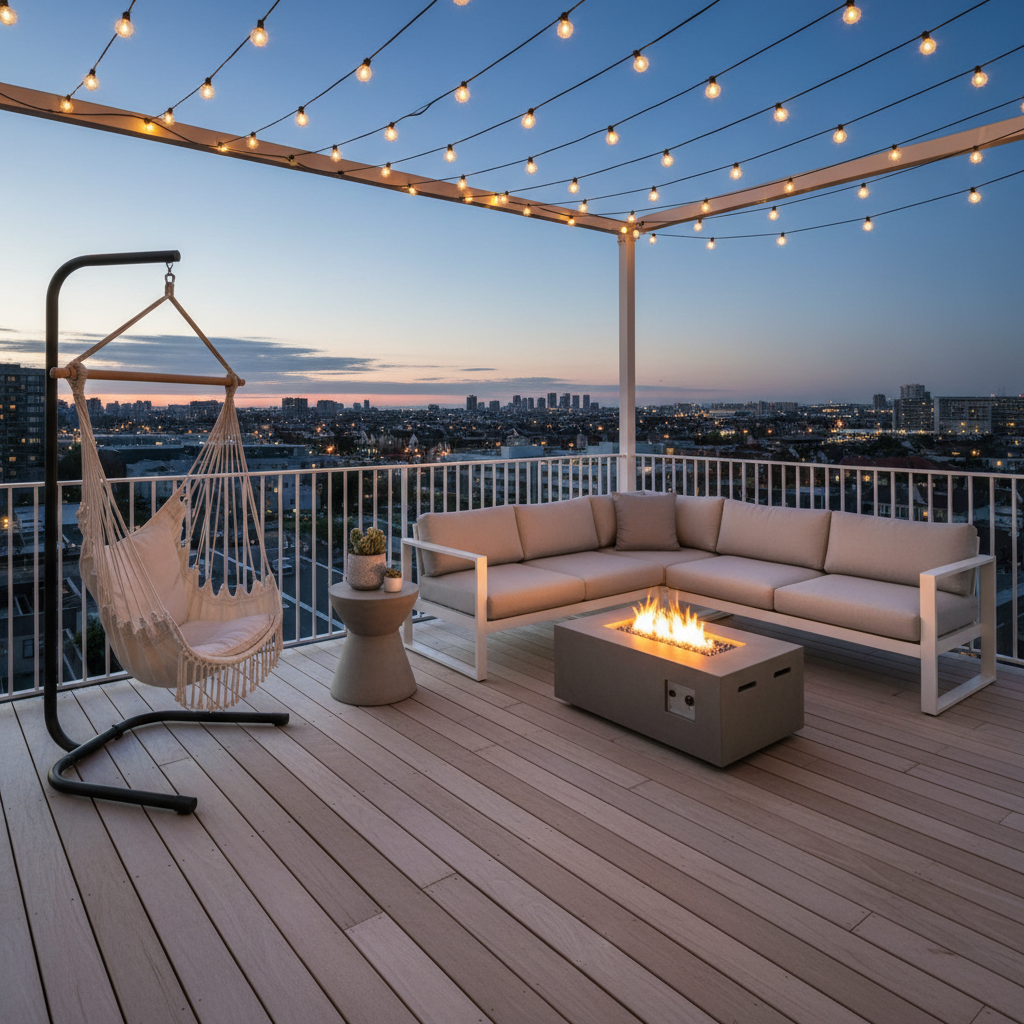 balcony with minimalist furniture and string lights