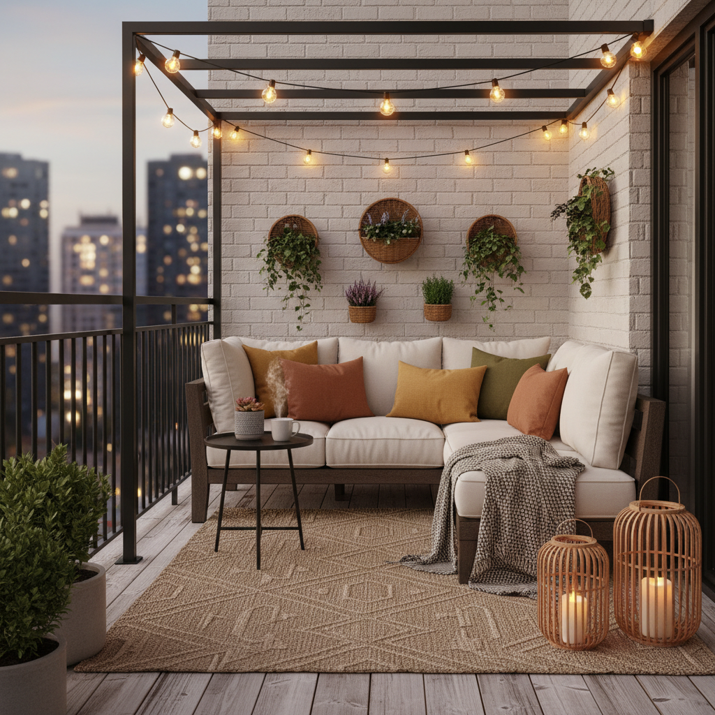 cozy balcony with warm lighting and decorative elements